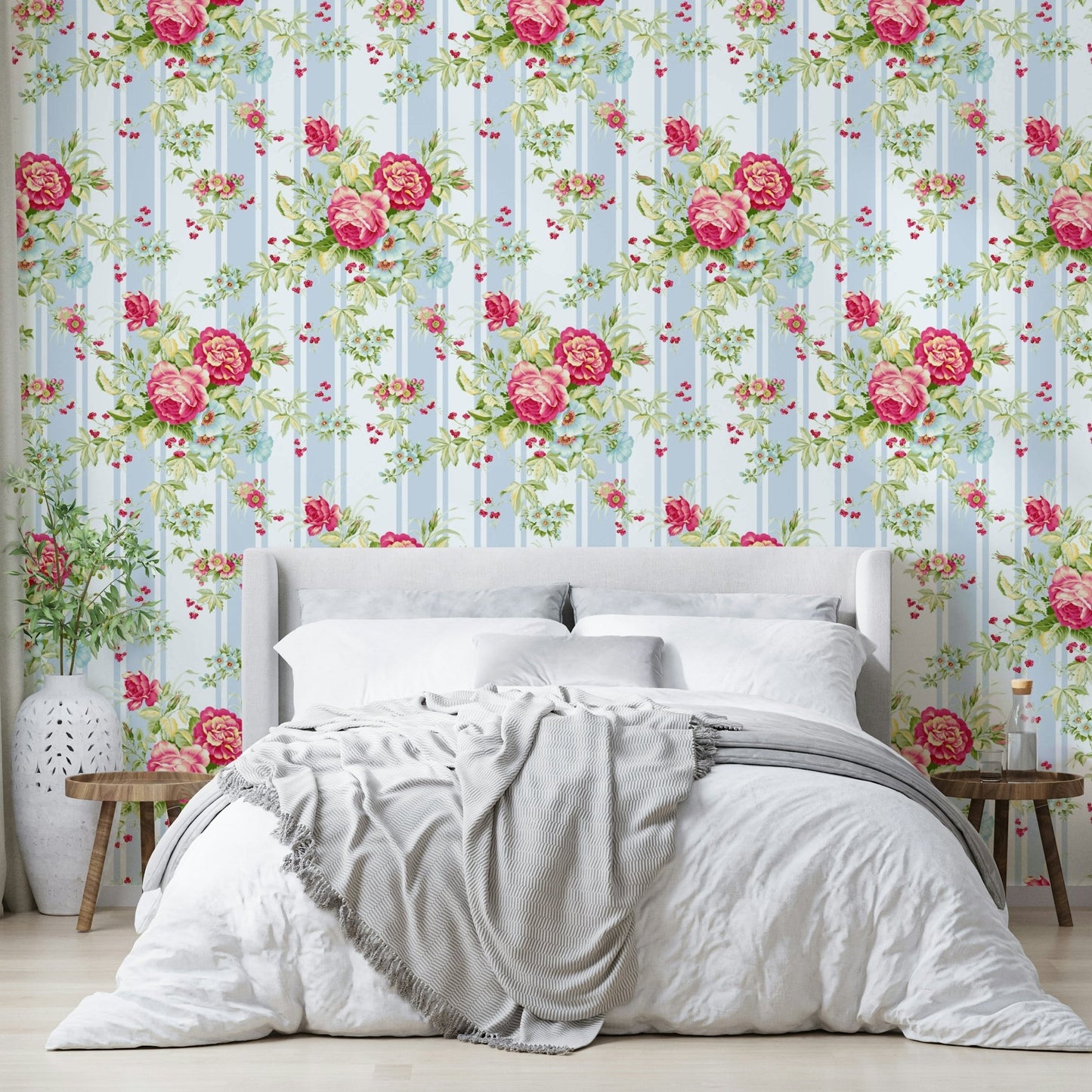 Rose blooms between soft pastel stripes

