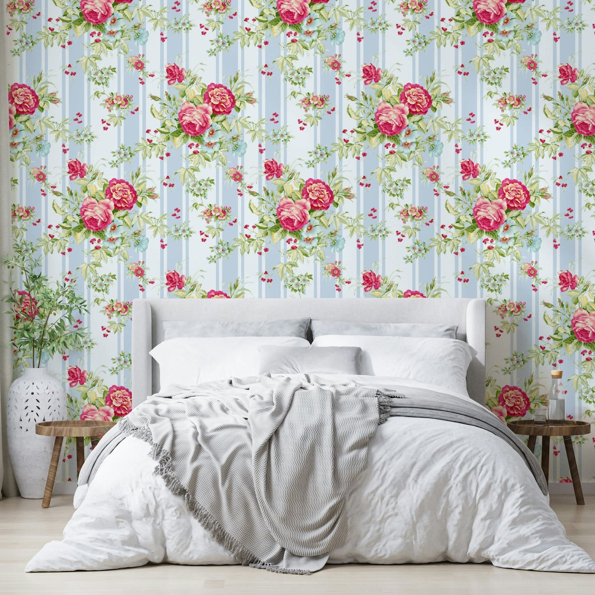 Rose blooms between soft pastel stripes

