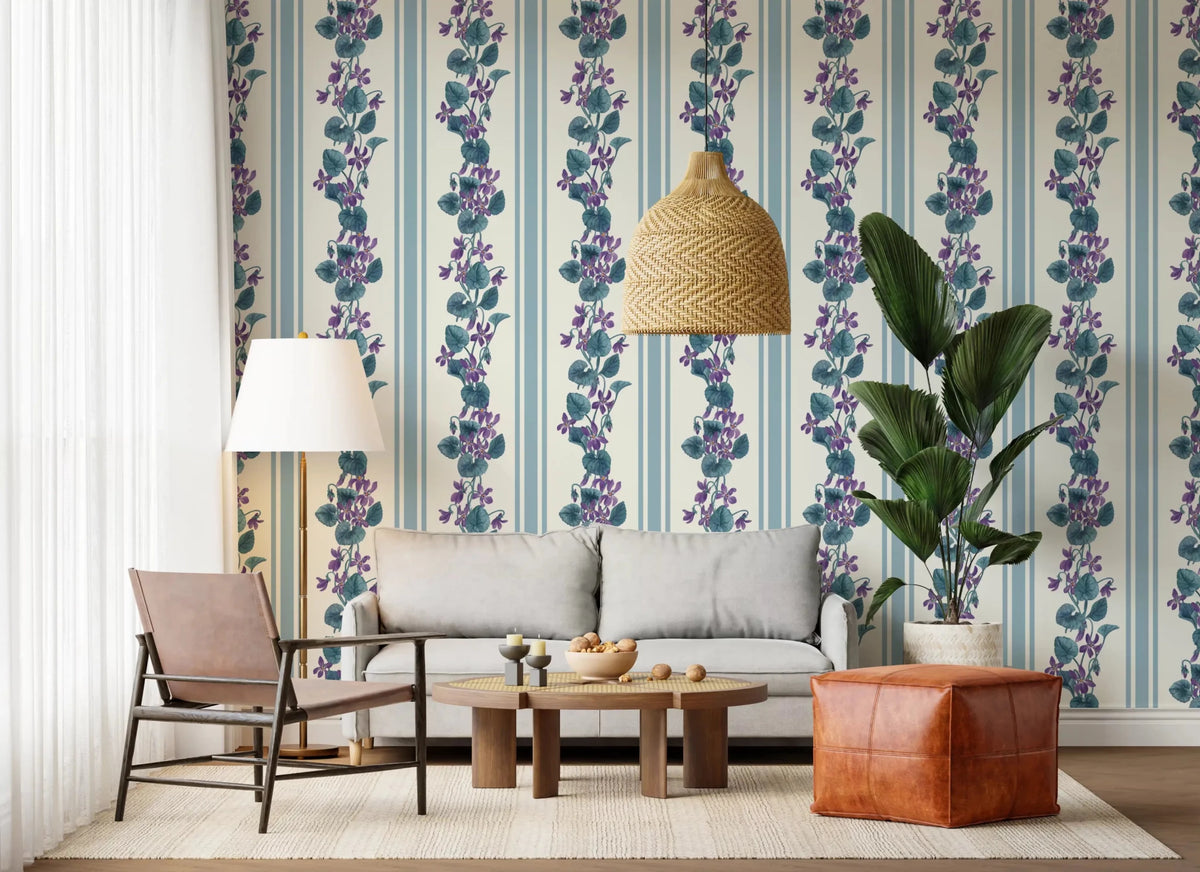 Sunny lounge area decorated with this blue and violet Wallpaper⁠GD9443