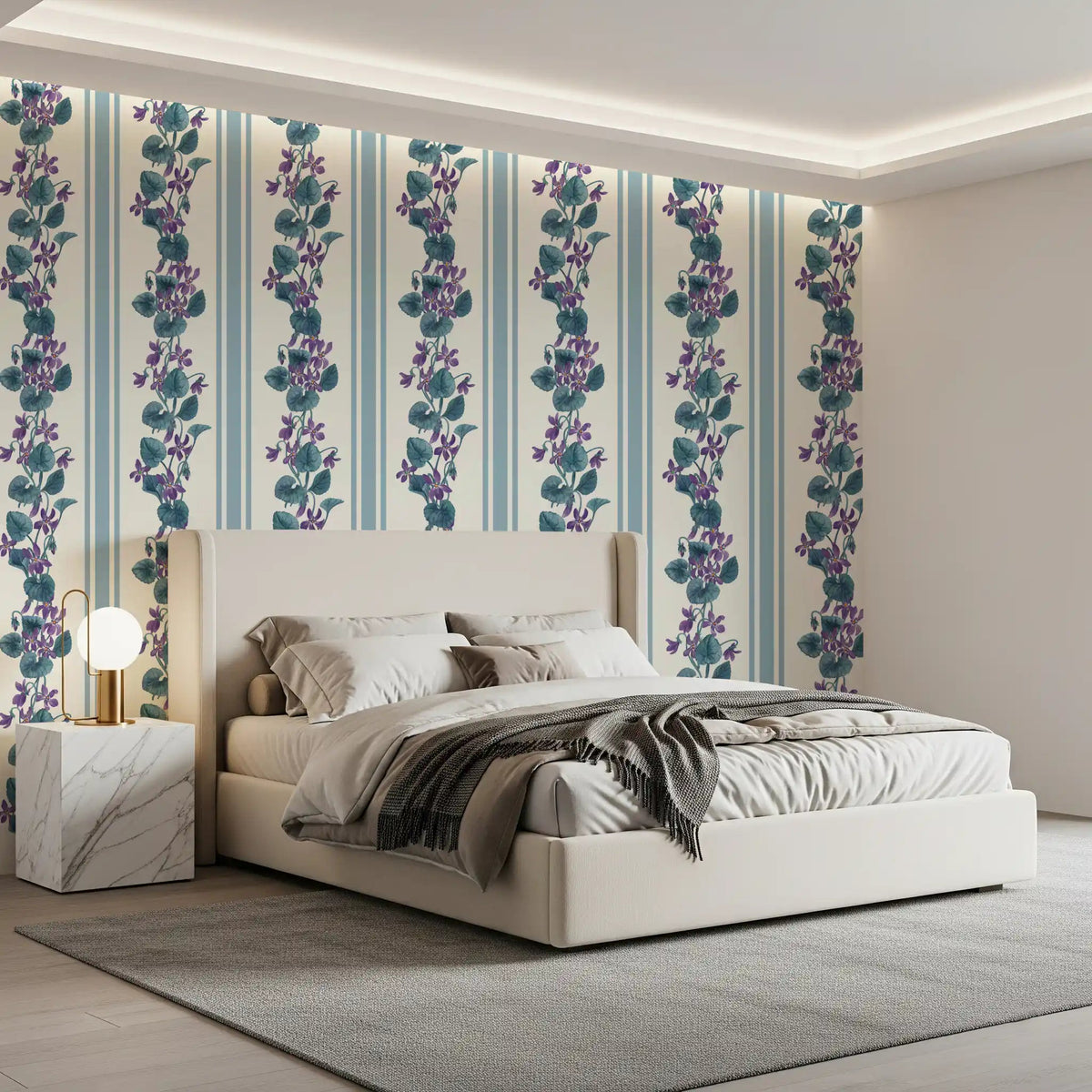 Calm bedroom mood created with the blue and violet Wallpaper⁠GD9443