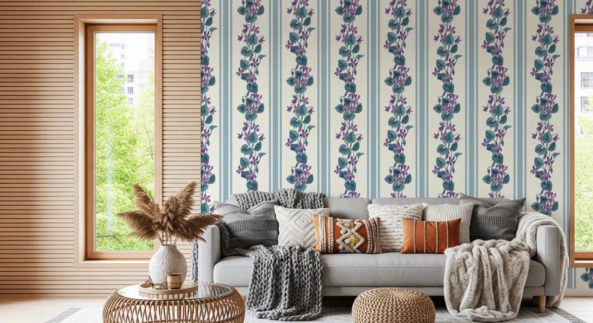 Sophisticated Living room showcasing the Stripes and violets Wallpaper GD9443