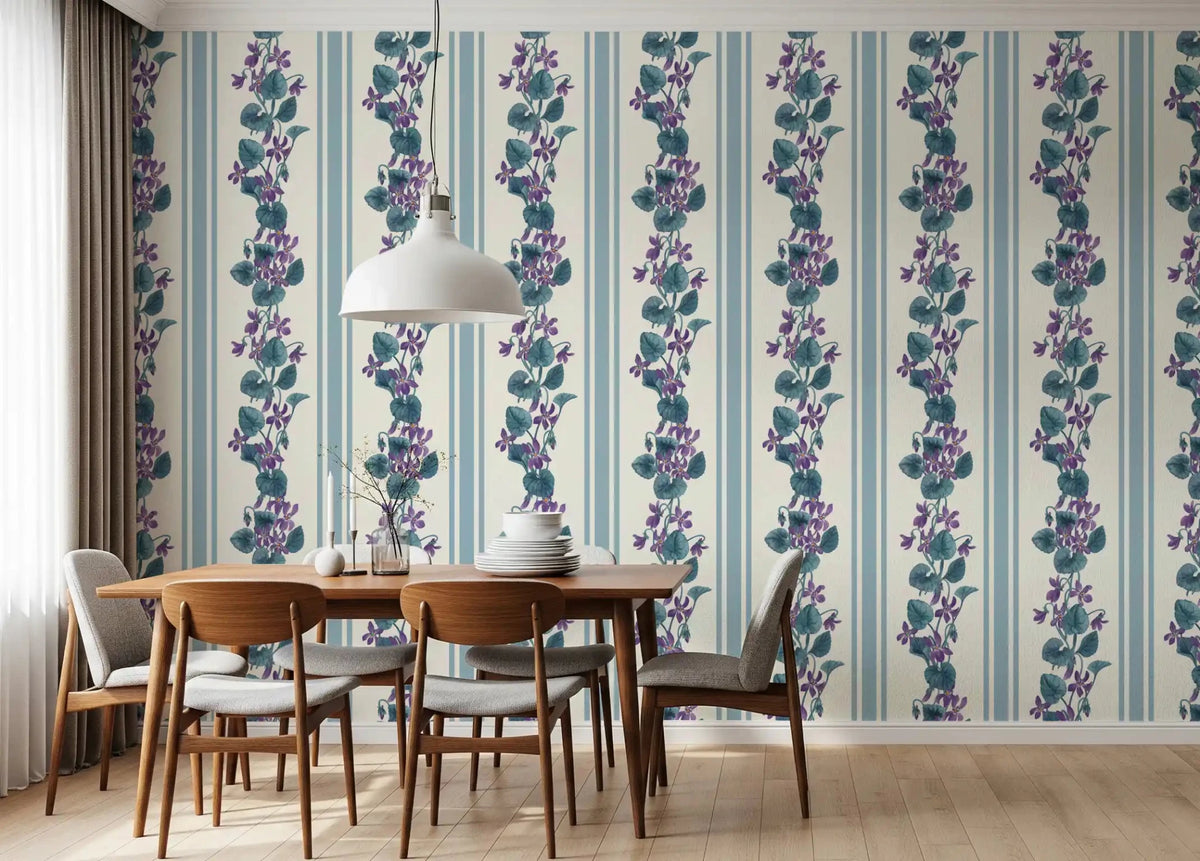 Watercolor botanical motifs on this Stripes and violets Wallpaper⁠GD9443