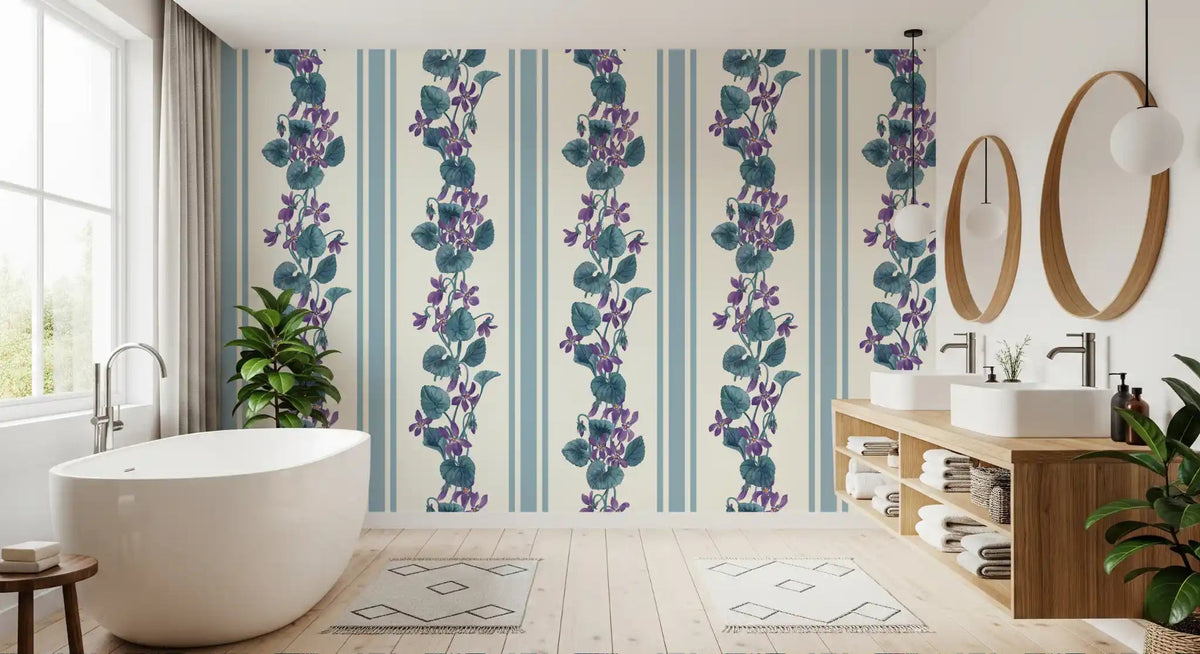 Purple petals trail along blue bands on this blue and violet Wallpaper⁠GD9443