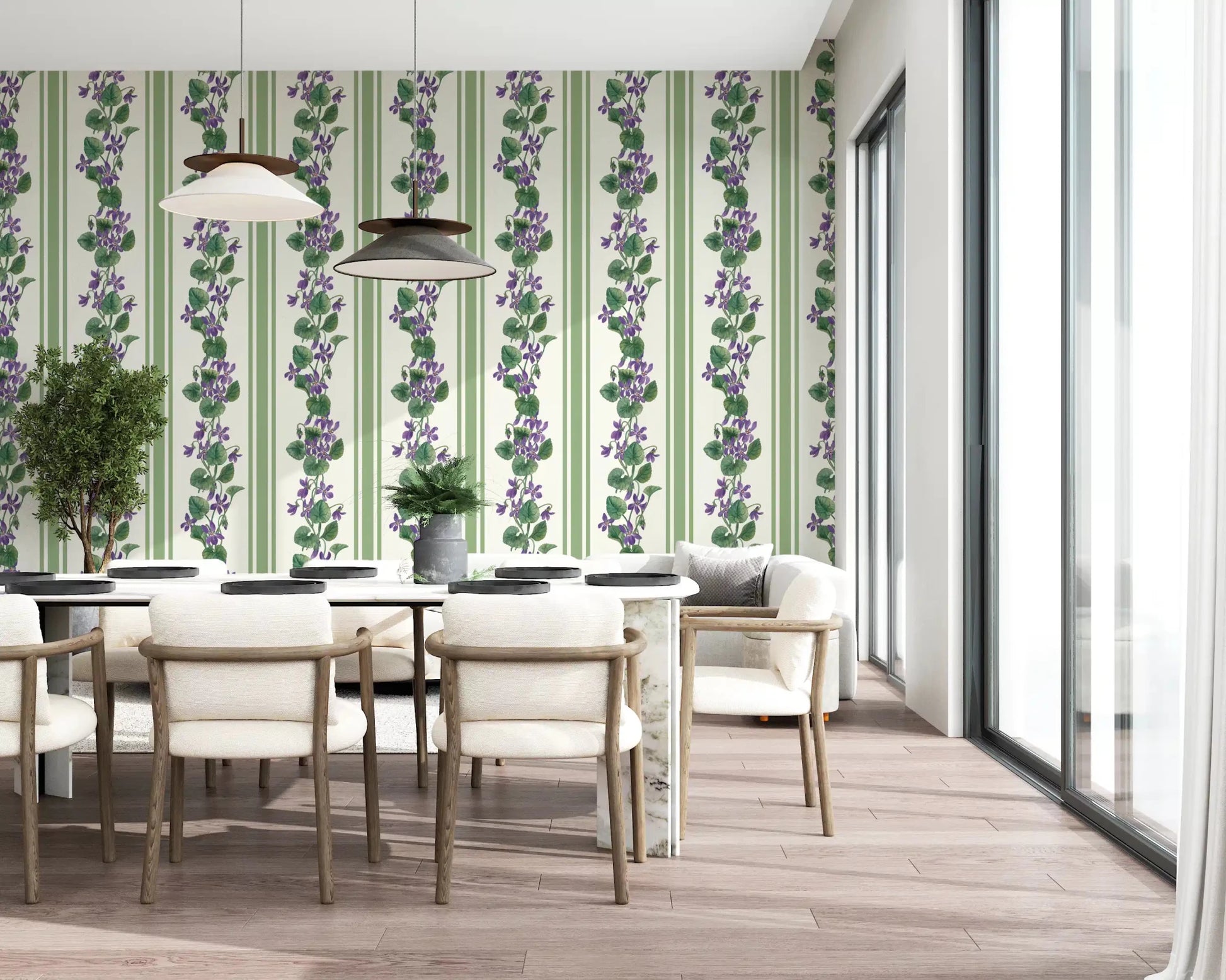 Green and violet wallpaper showing floral vines between clean stripe lines