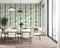 Green and violet wallpaper showing floral vines between clean stripe lines