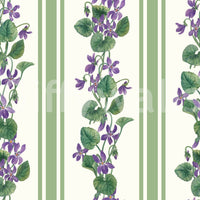 Decorative floral stripe wallpaper with neat green stems and violet petals