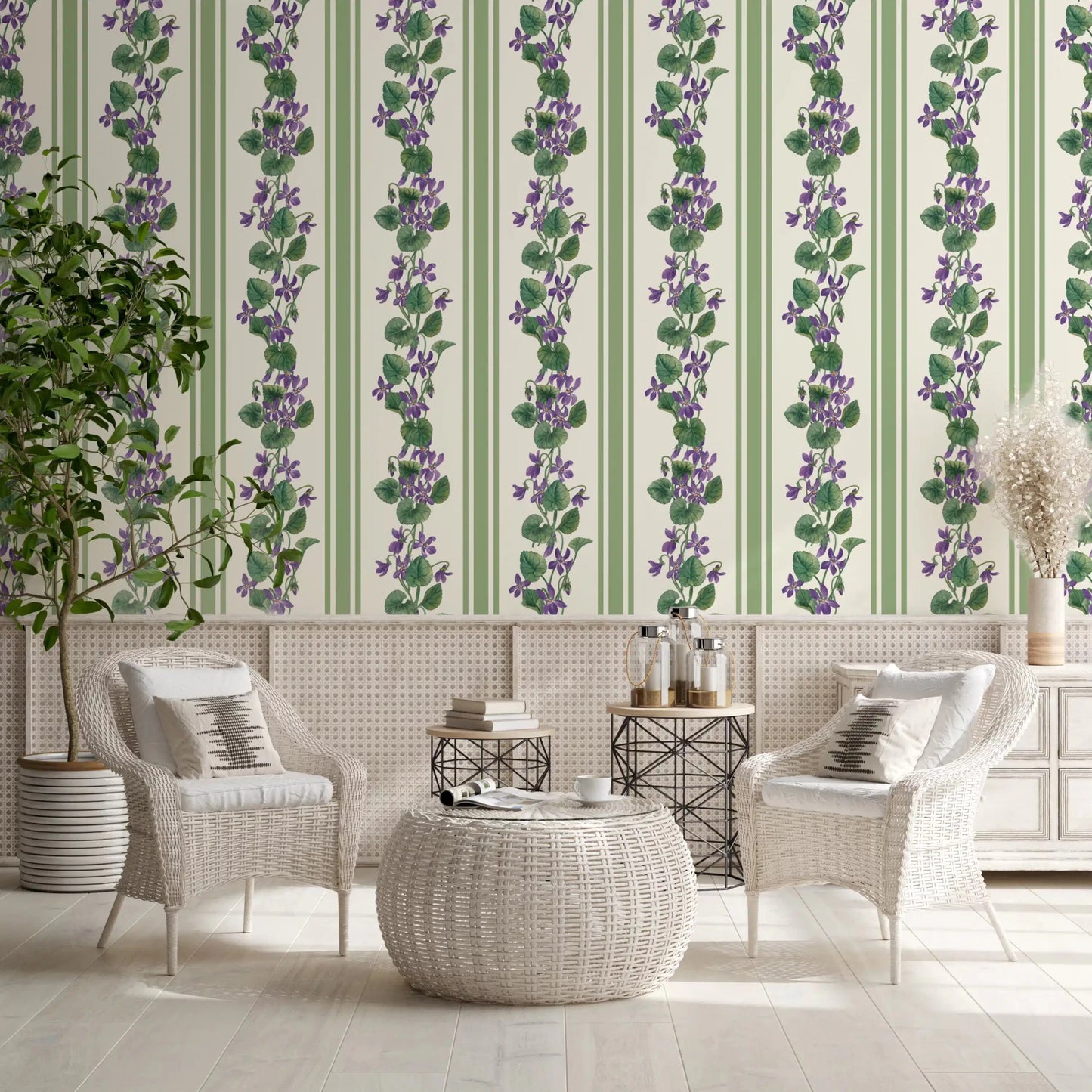 Stripes and Violets wallpaper with violet flowers and narrow vertical bands