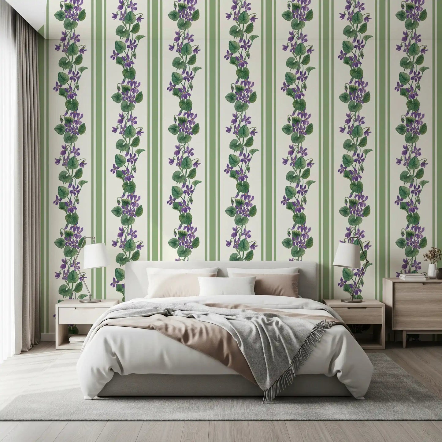 Bedroom wall styled in Stripes and Violets wallpaper with vertical violet blooms