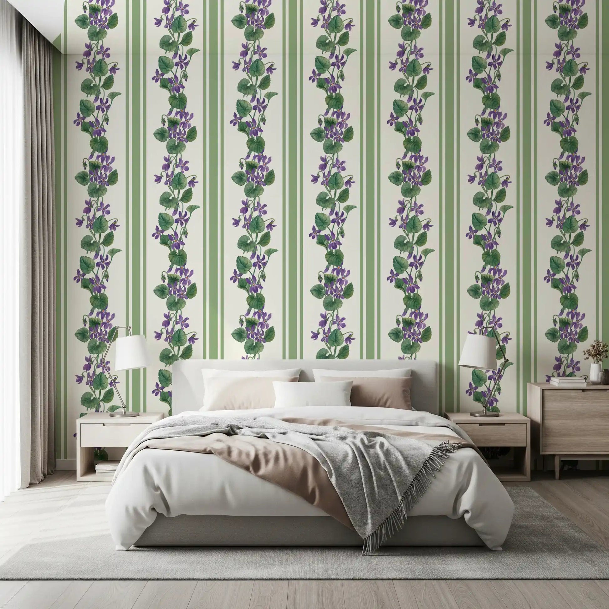 Bedroom wall styled in Stripes and Violets wallpaper with vertical violet blooms