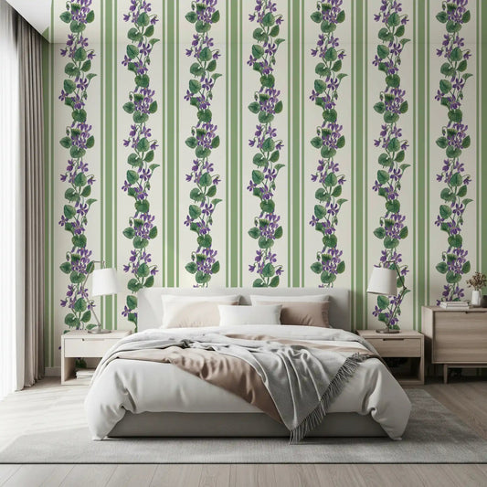 Bedroom wall styled in Stripes and Violets wallpaper with vertical violet blooms
