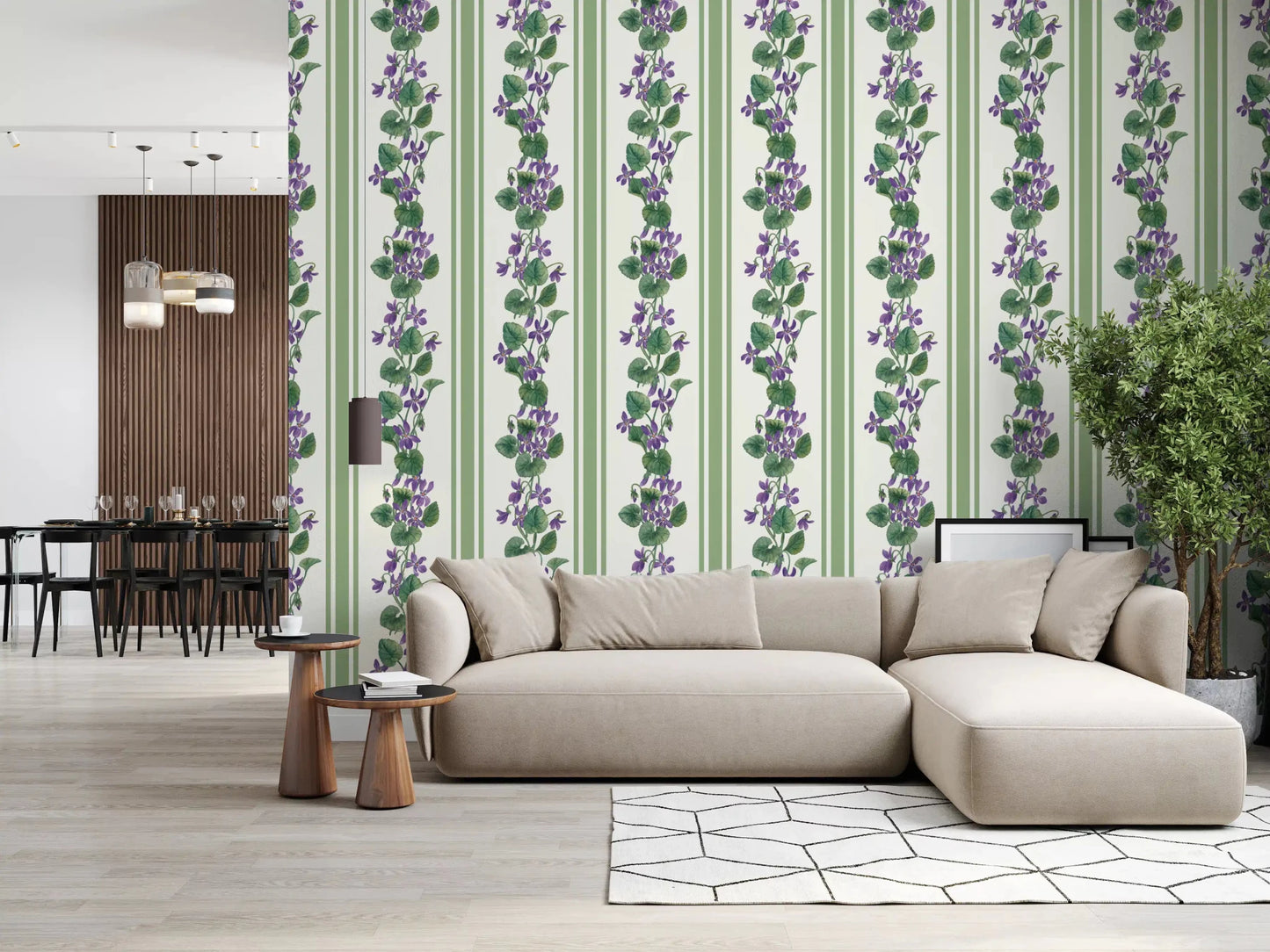 Hallway space with Stripes and Violets wallpaper on a pale striped floral base