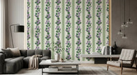 Floral stripe wallpaper with violet blossoms and soft green botanical detail