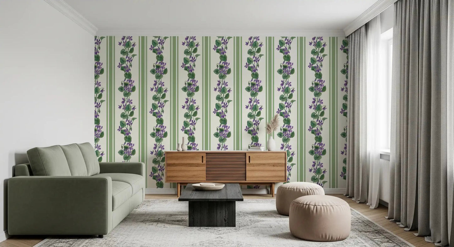 Hallway featuring Stripes and Violets wallpaper and soft green leafy stripes