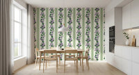 Pale background wallpaper with striped violet flowers and leafy stems