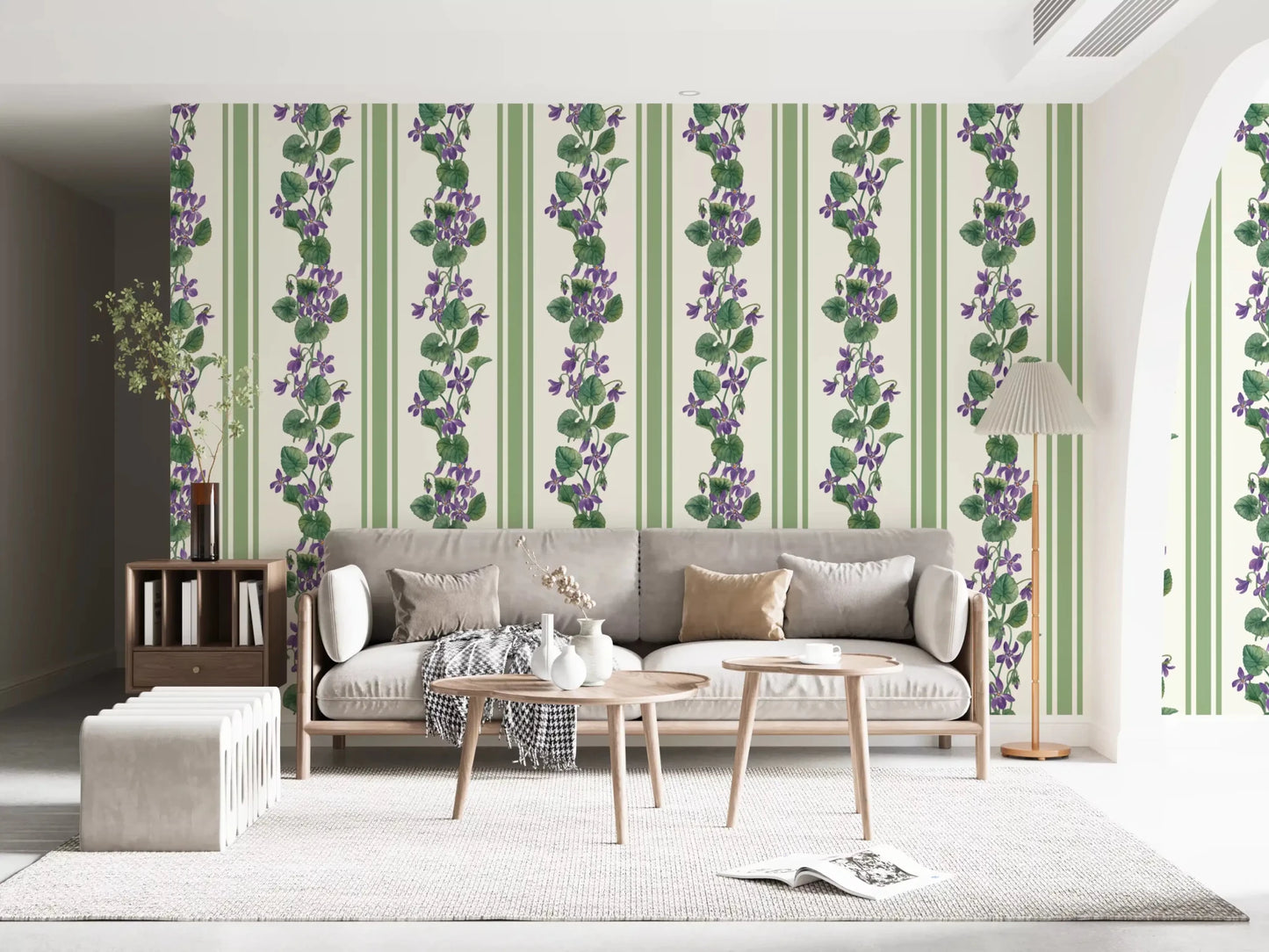 Living room with Stripes and Violets wallpaper in green and violet floral stripes