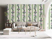 Living room with Stripes and Violets wallpaper in green and violet floral stripes