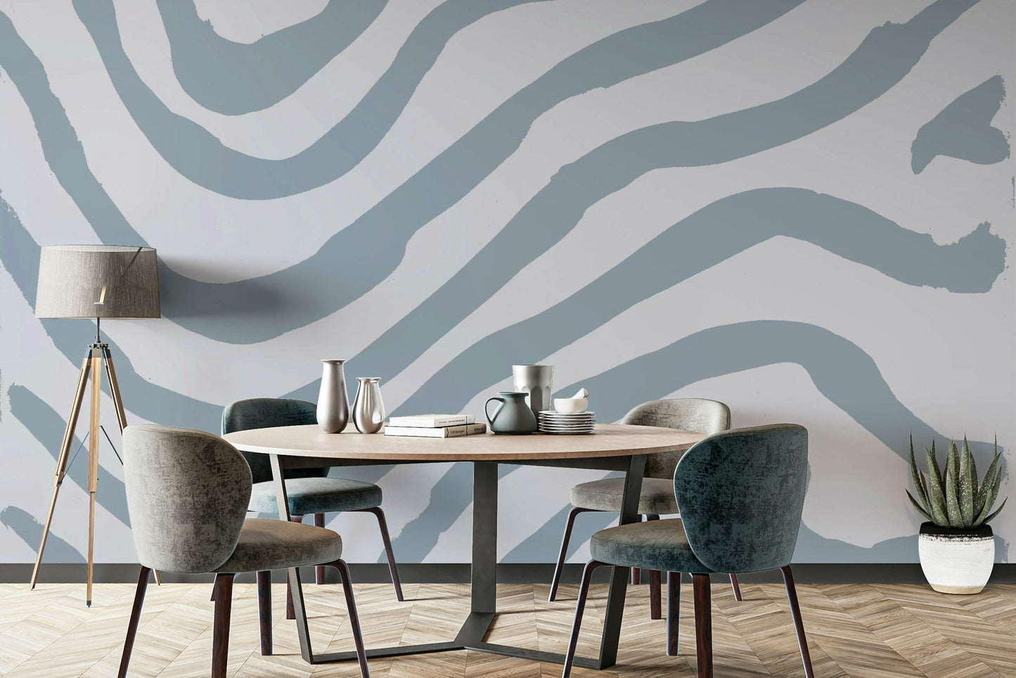 Clean line wall mural in blue tones


