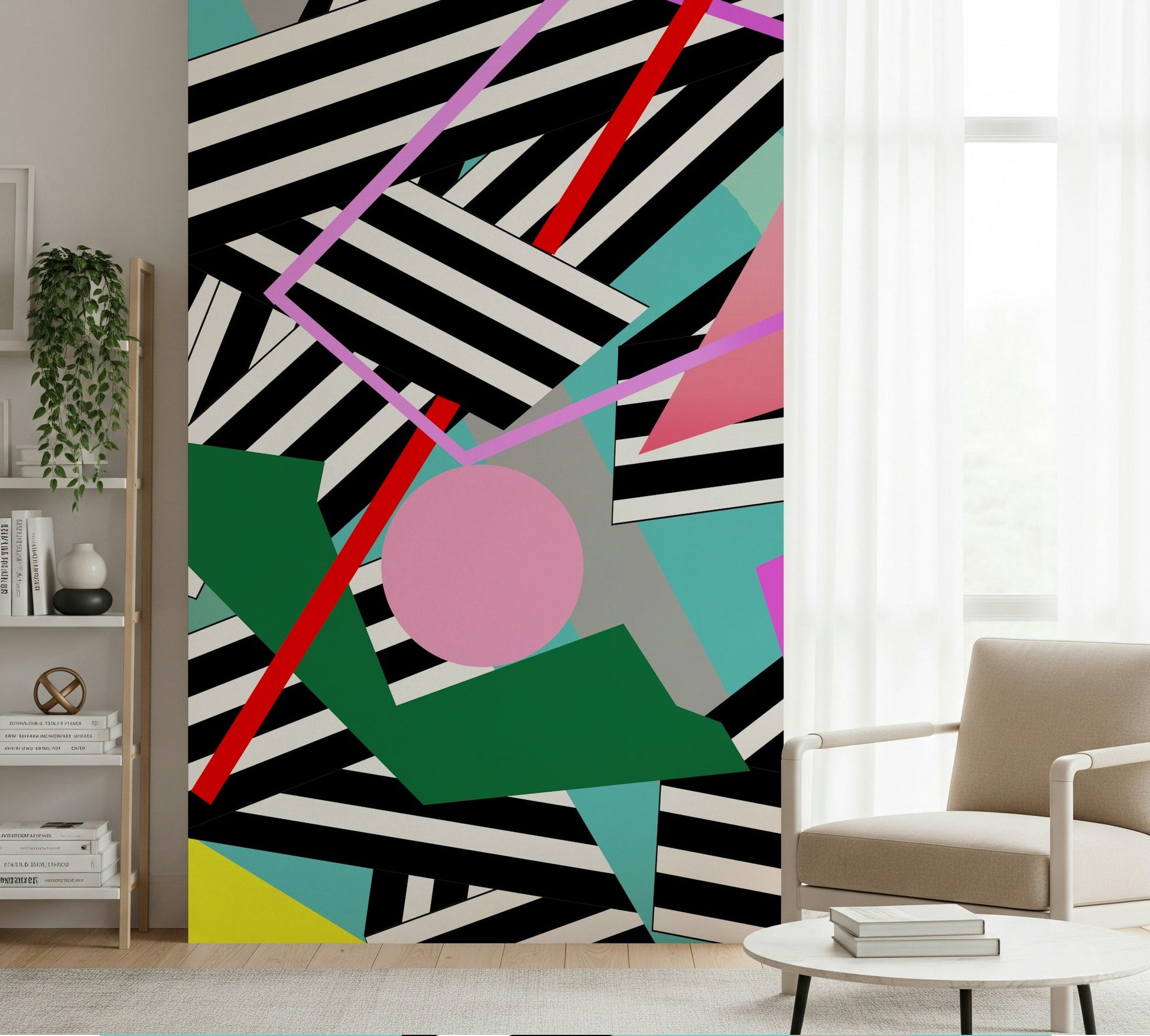 A calming abstract design wallpaper mural that defines a space.