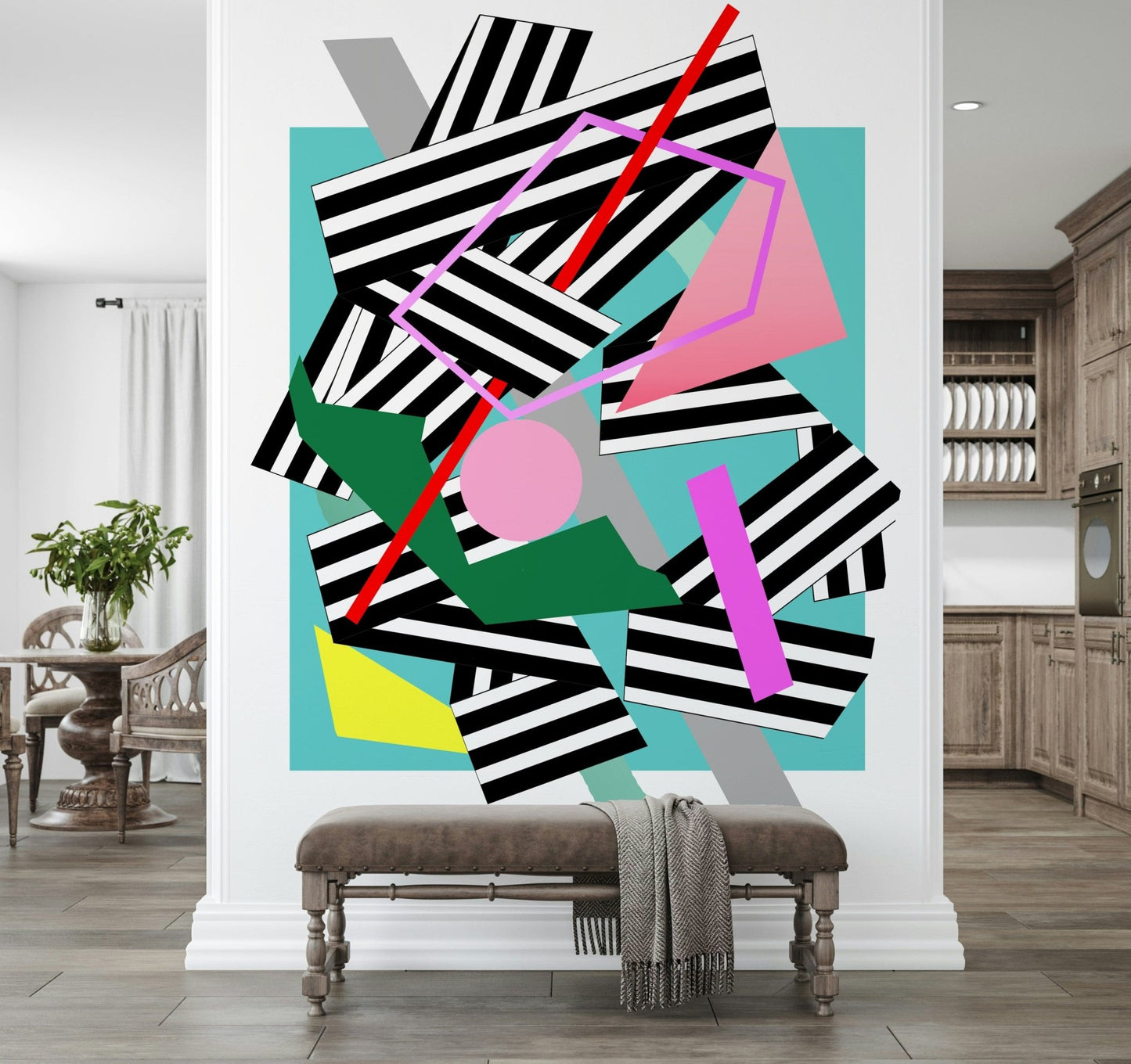 A peaceful modern abstract mural on decorative wallpaper.