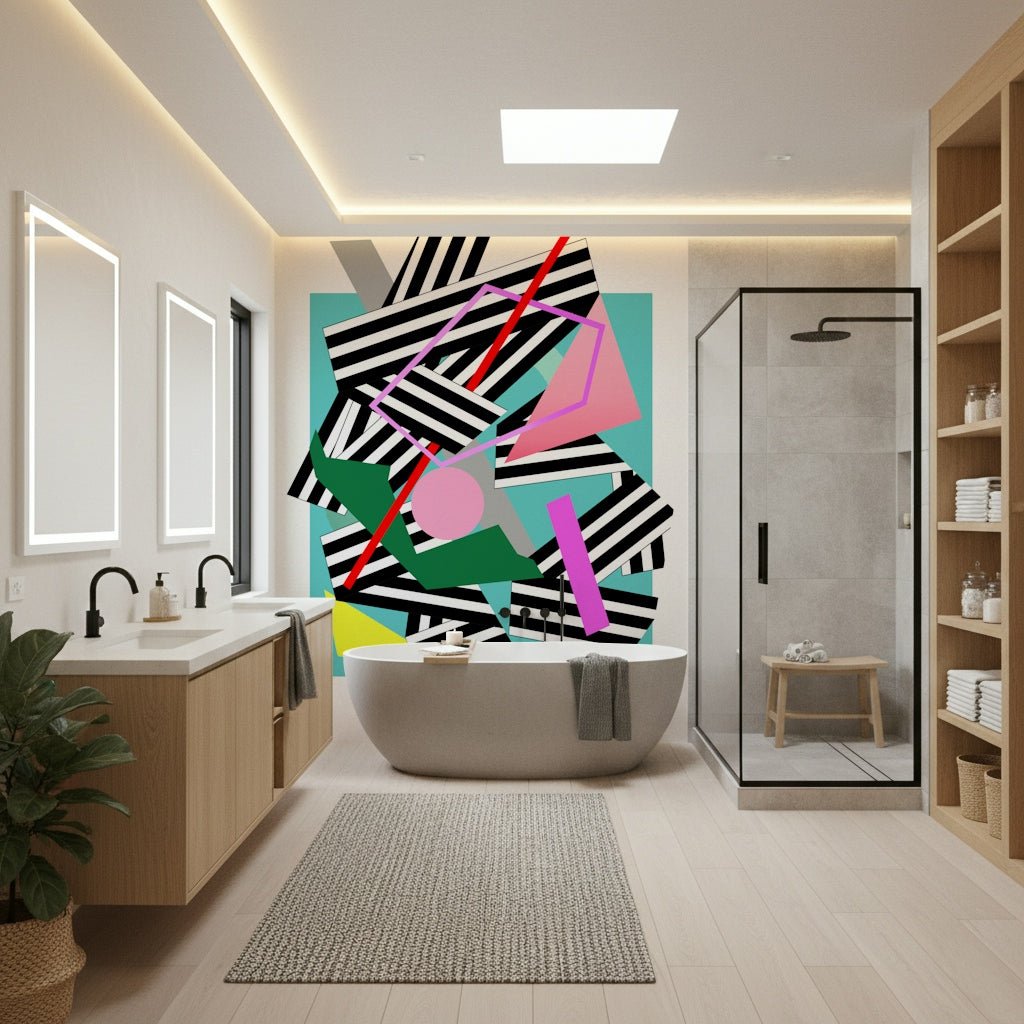 An artistic abstract line mural on minimalist wallpaper.