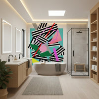 An artistic abstract line mural on minimalist wallpaper.