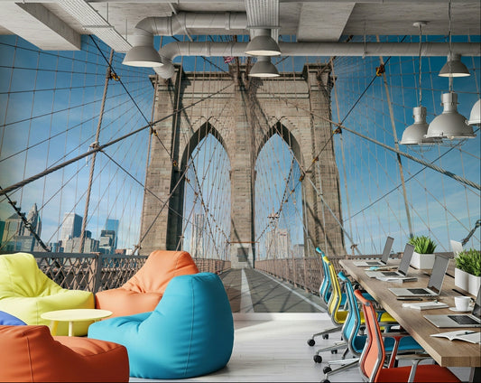 Monochrome Strolling Across the Brooklyn Bridge wallpaper in a lounge.