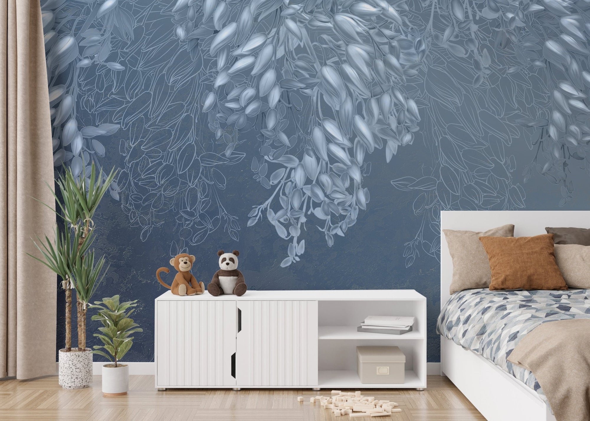 Blue and White Floral Wall Mural B205
