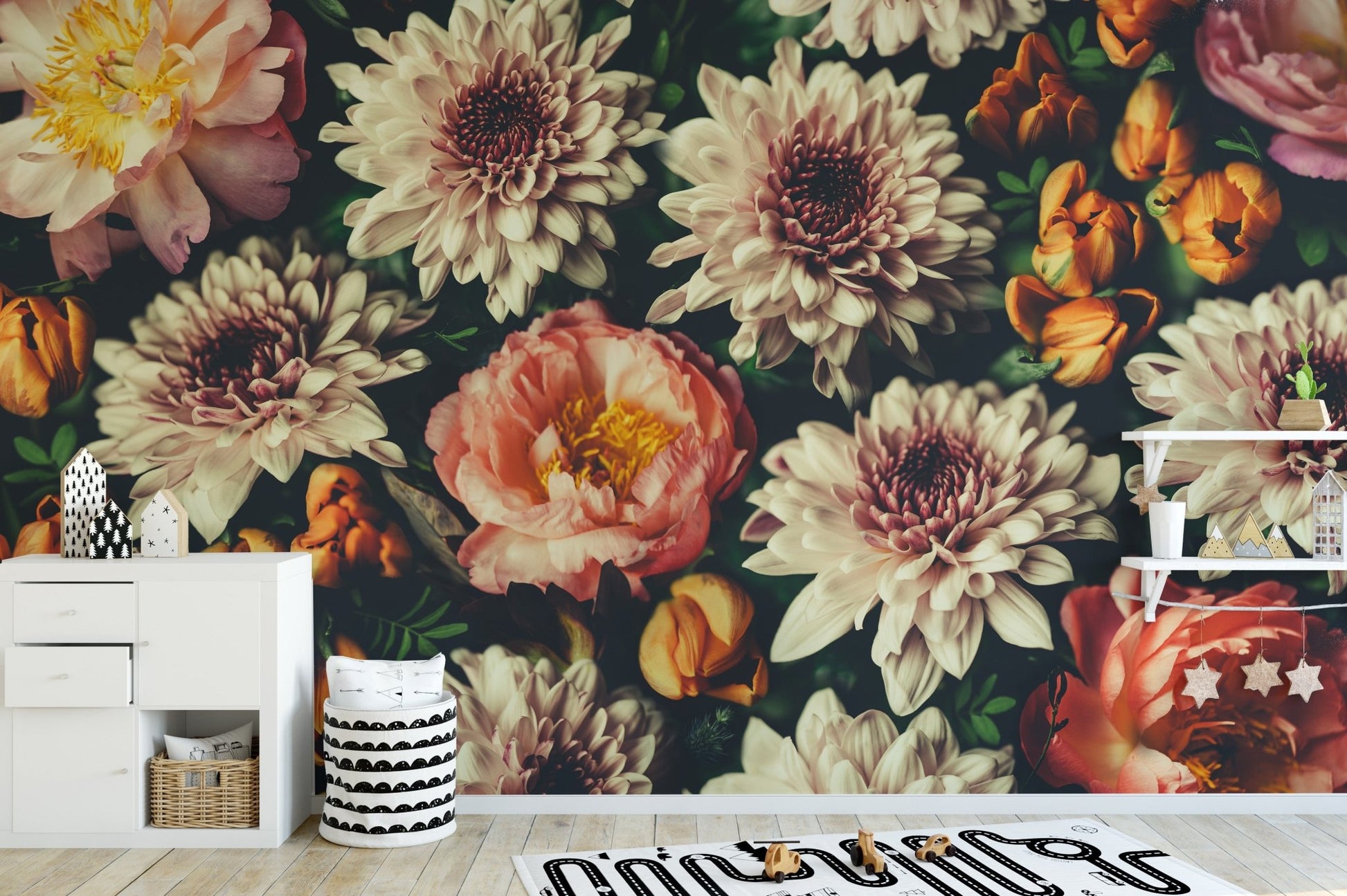 Nature-themed removable floral wallpaper
