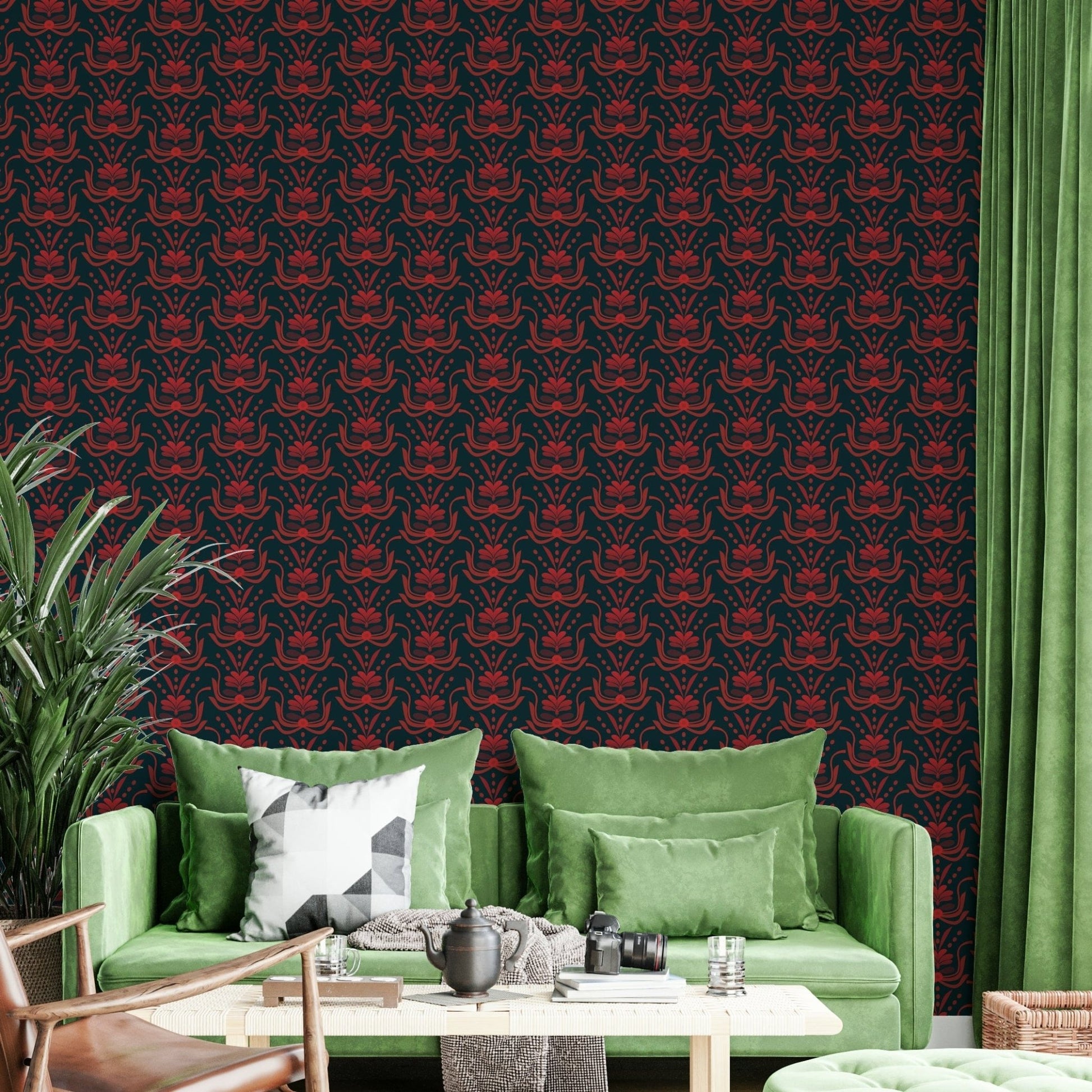 Bold red botanical wallpaper design

