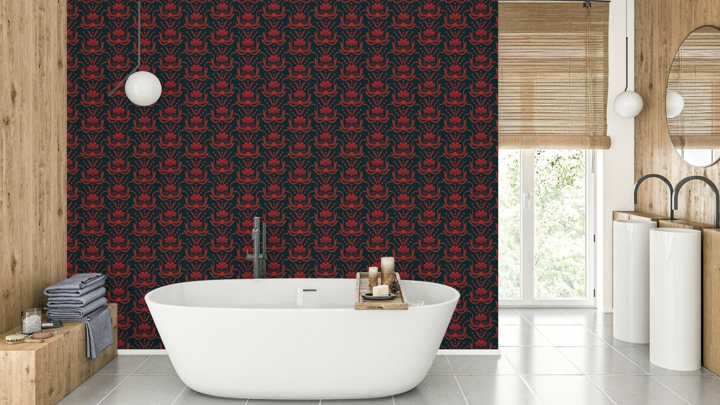 Elegant wallpaper with red leaf motifs

