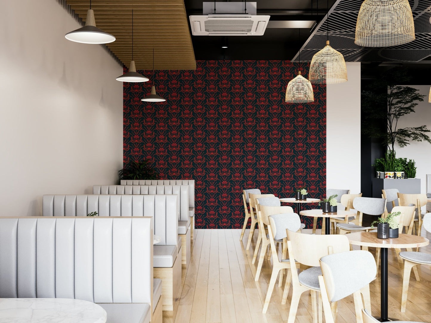 Red ornamental pattern with floral flair

