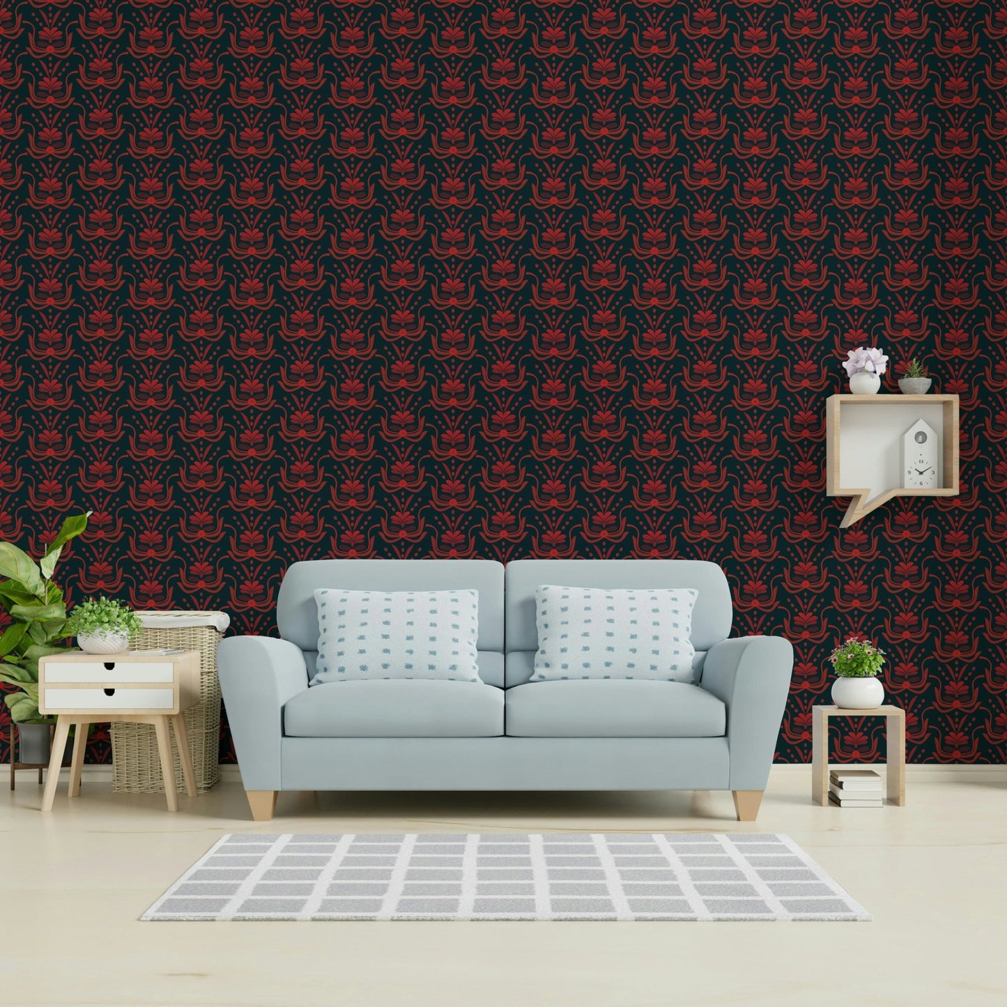 Intricate damask motif in deep red hues

