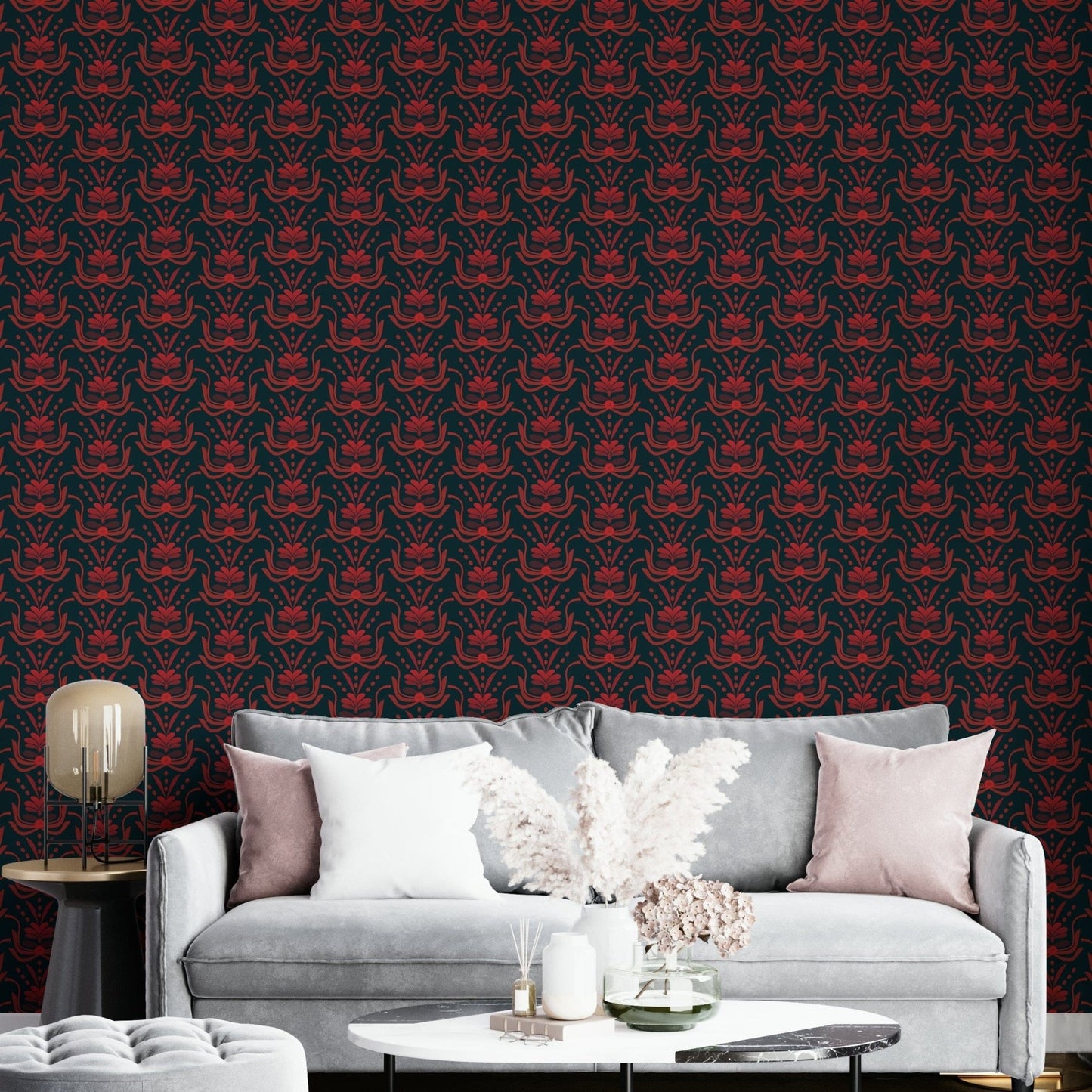 Red floral damask on dark elegant base

