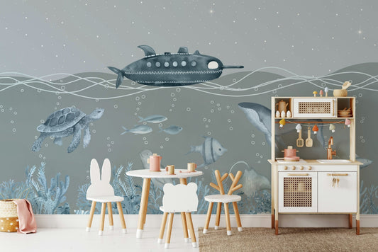 A peaceful underwater scene with a small, yellow submarine.

