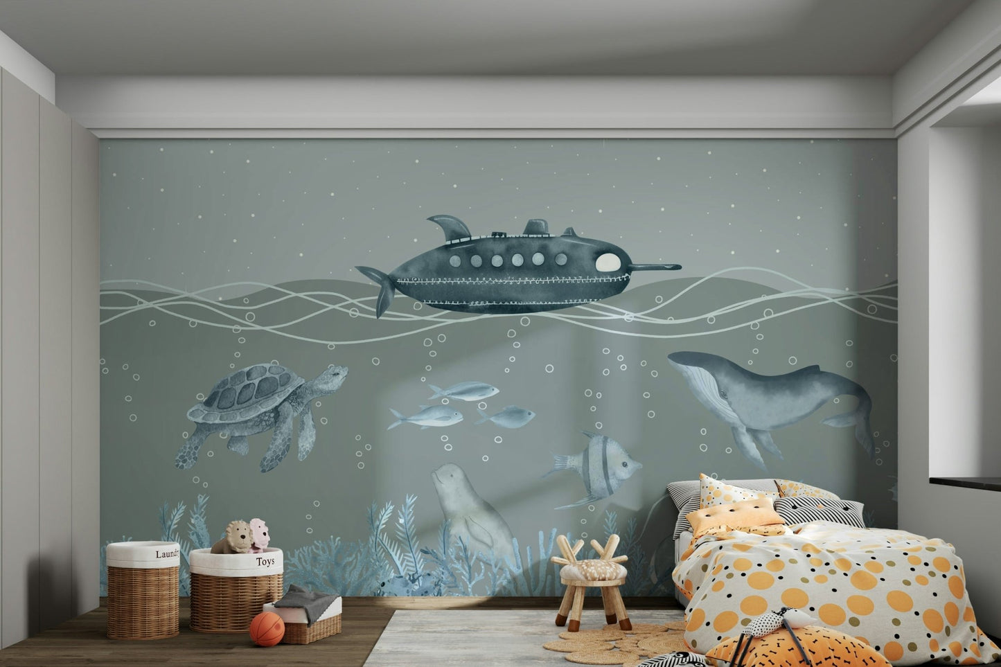 Friendly fish, sea turtles, and other creatures are swimming nearby.

