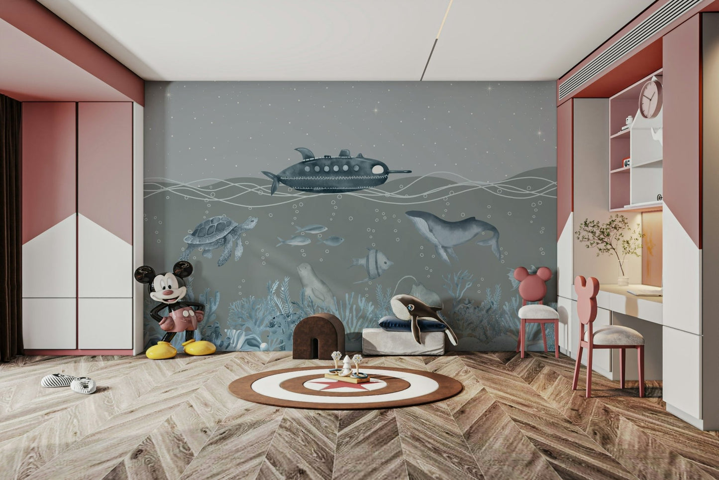 Coral and seaweed are visible on the ocean floor.

