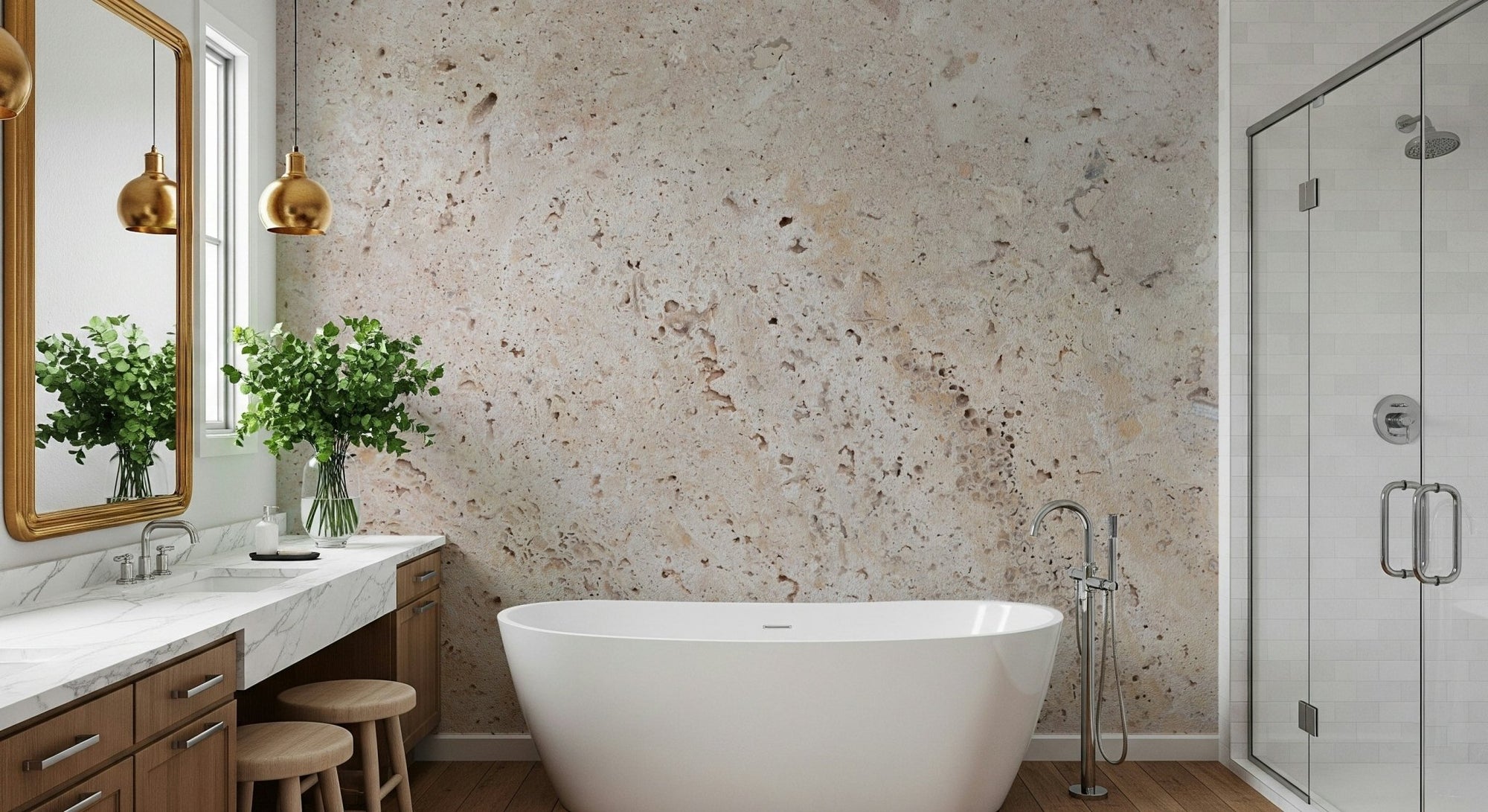 Subtle Beige Stone Wall Mural in a light living room., GD6136
