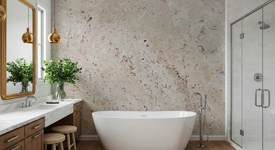 Subtle Beige Stone Wall Mural in a light living room., GD6136