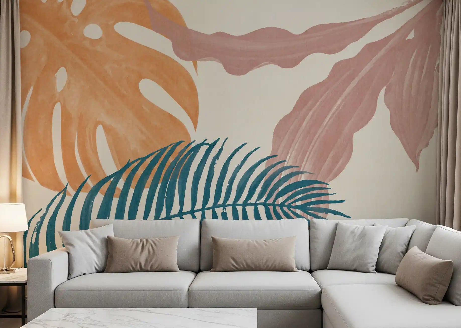 Living room styled with Subtle Botanical Flow wall mural in muted tropical tones, GD9380