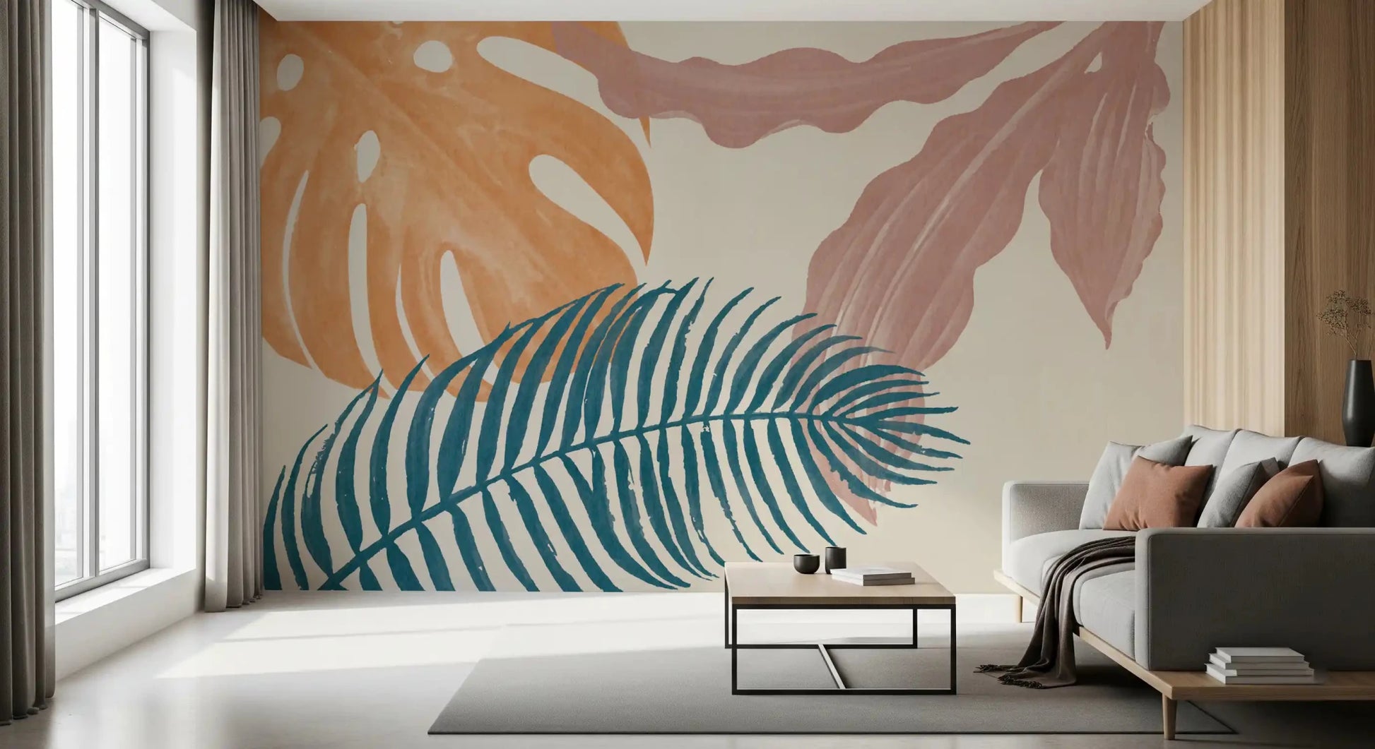 Muted tropical wall mural in mauve, beige, and blue with flowing leaf shapes