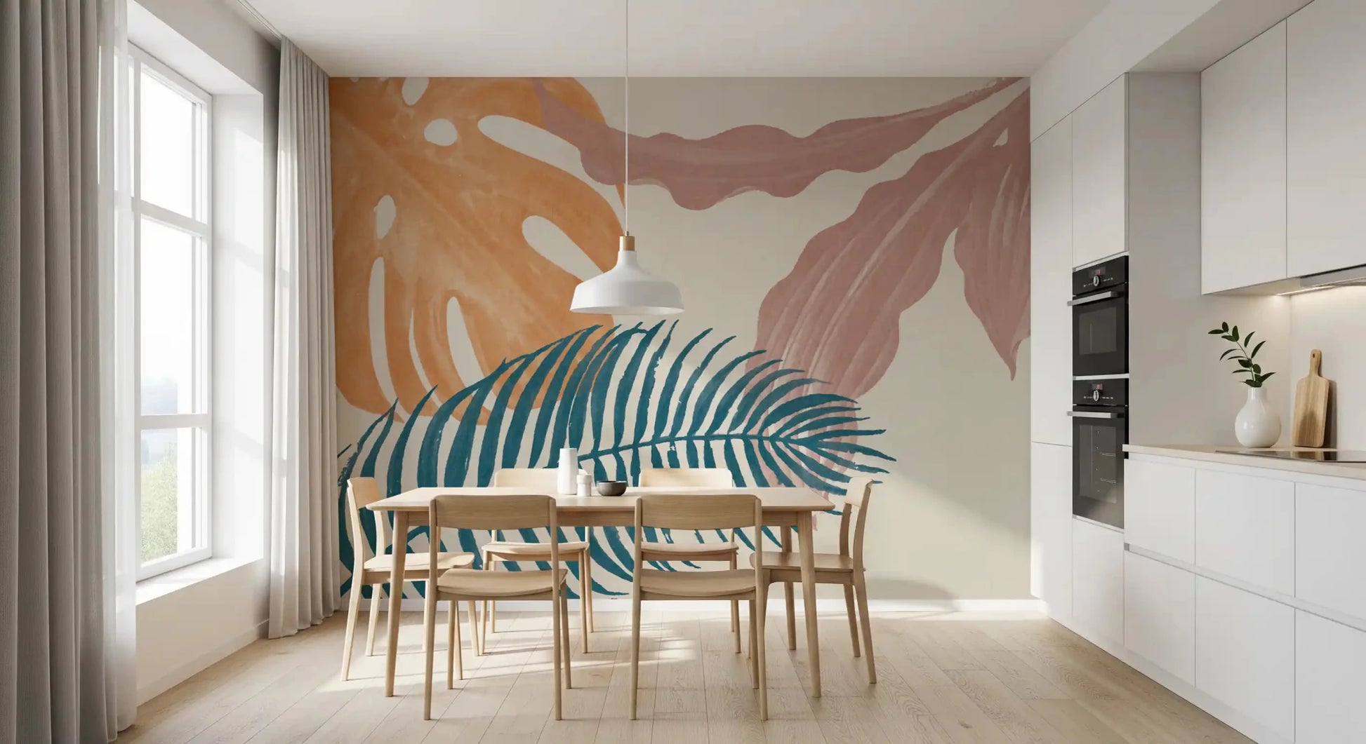 Contemporary leaf wall mural with airy tropical shapes and subtle earthy tones