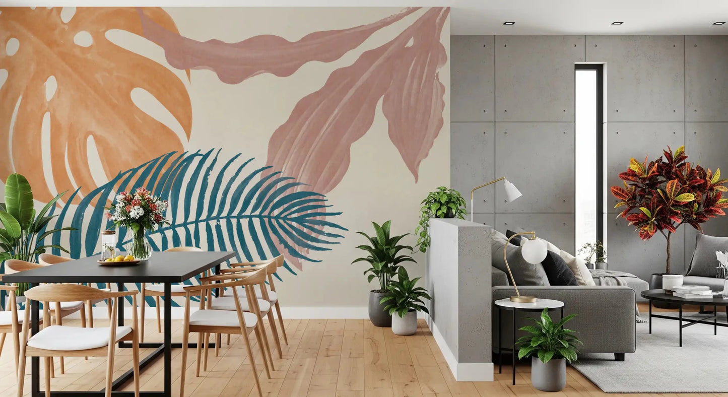 Artistic botanical wall mural with hand-painted leaf pattern and calm colour mix
