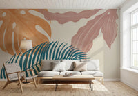 Painted botanical wall mural with terracotta monstera and deep blue palm leaf