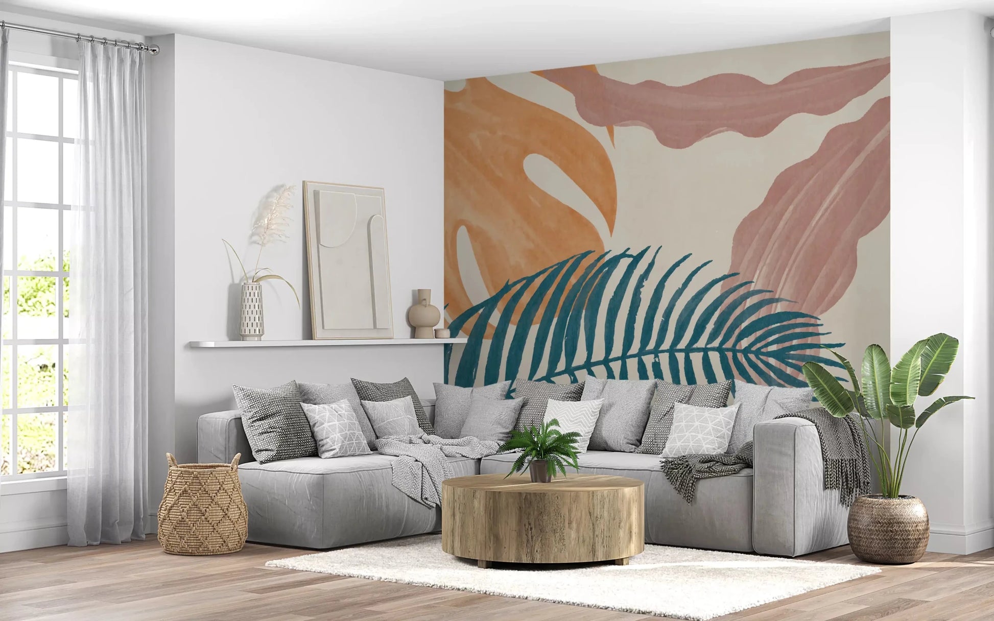 Soft foliage wall mural showing abstract leaves on a warm neutral background
