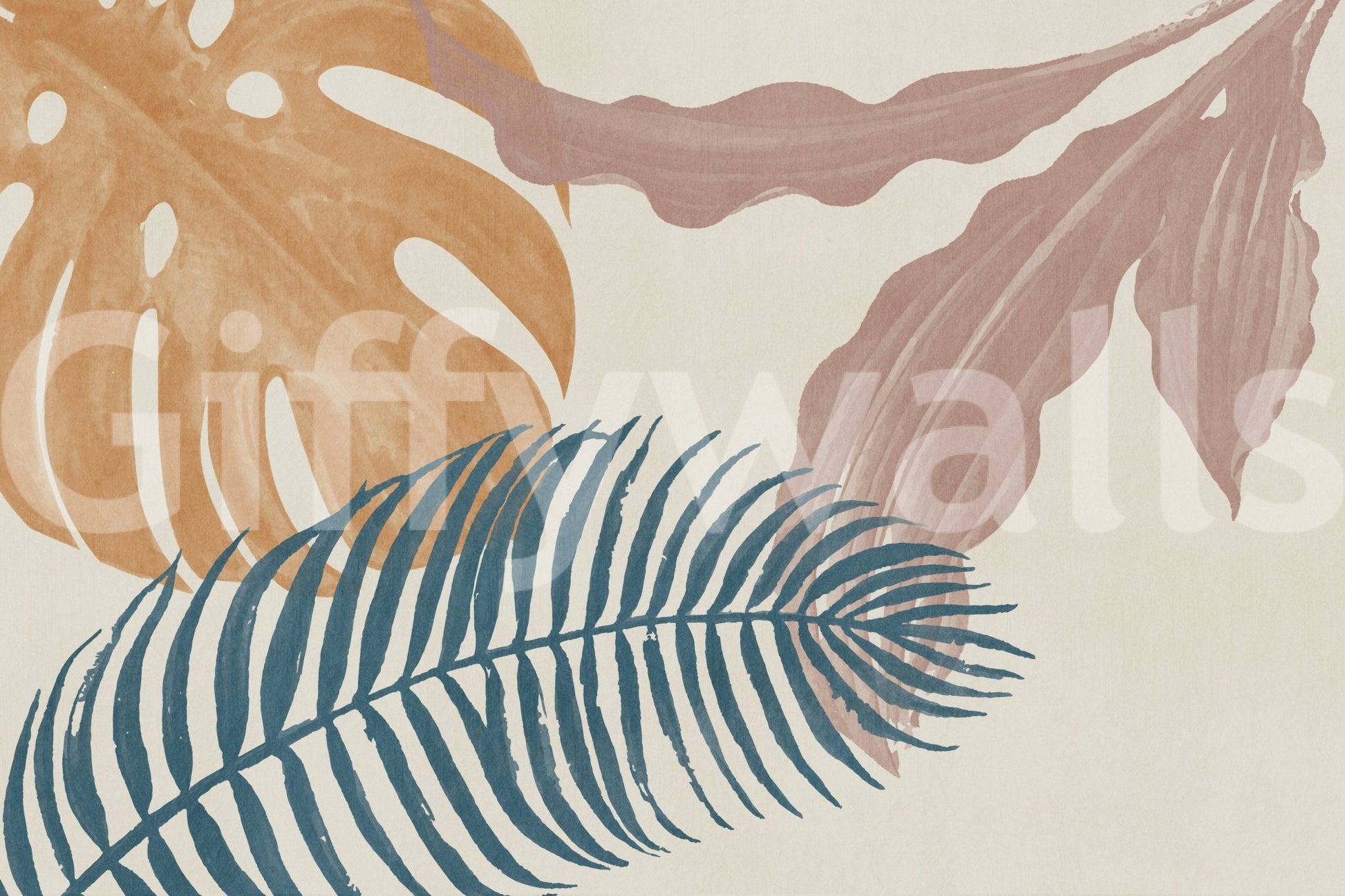 Minimal botanical wall mural with painted tropical forms and balanced soft shades