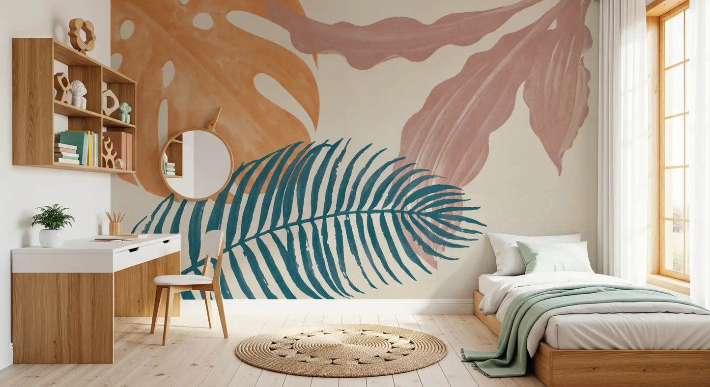 Bedroom wall featuring Subtle Botanical Flow wall mural with painted leaf forms