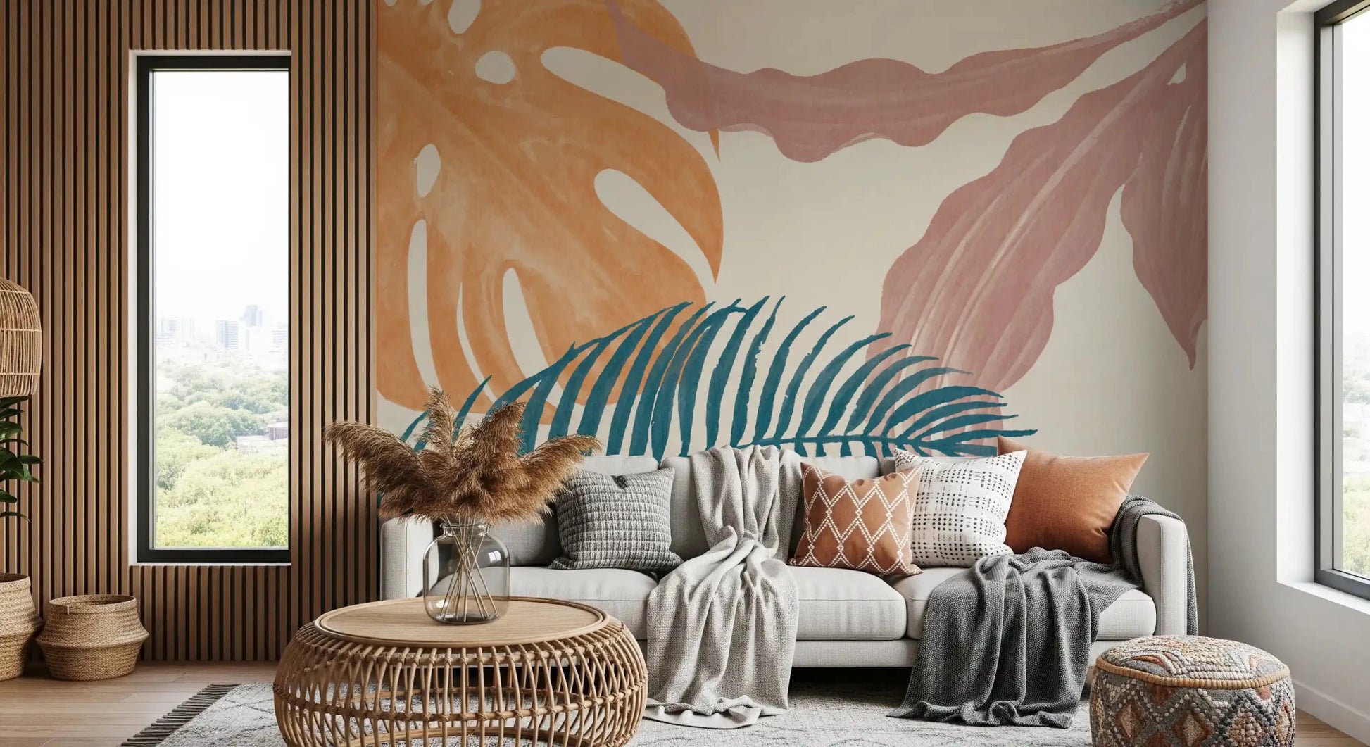Elegant foliage wall mural featuring mauve leaves and a blue fern silhouette