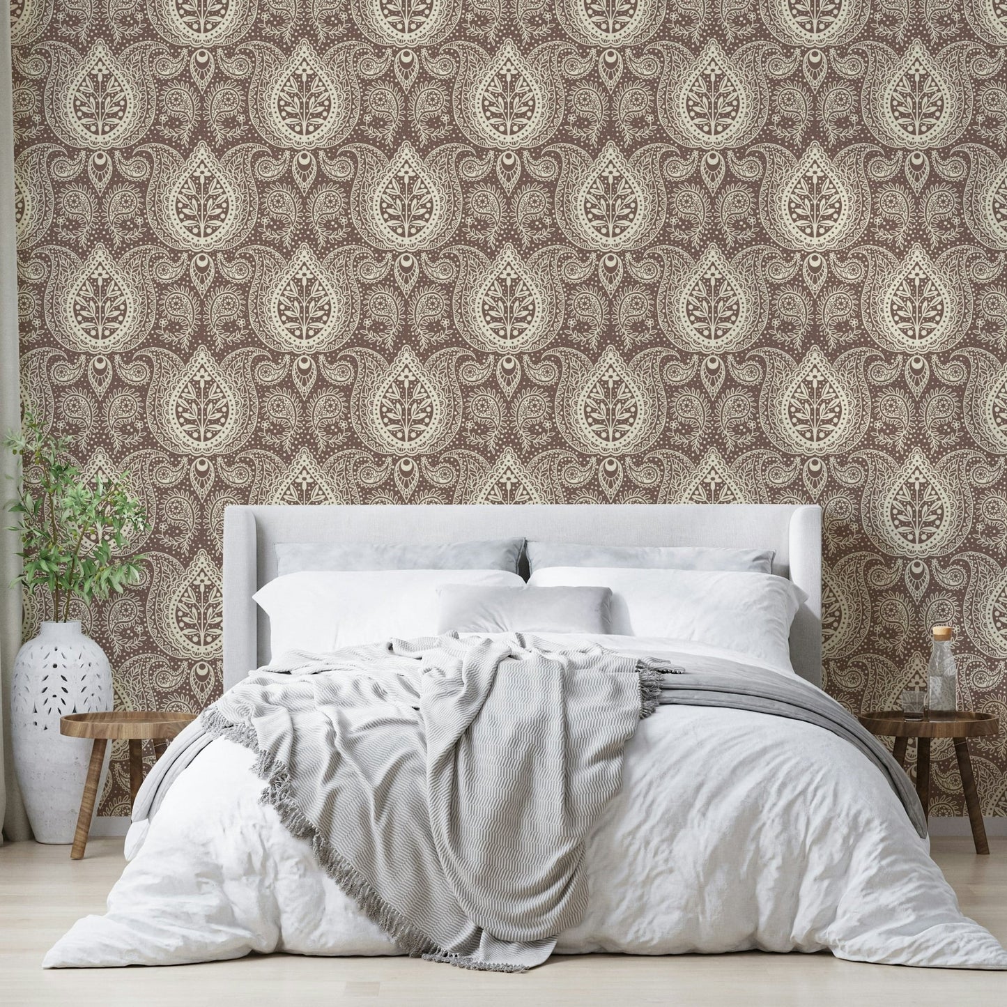 Subtle Botanical Paisley - mocha brown Wallpaper⁠