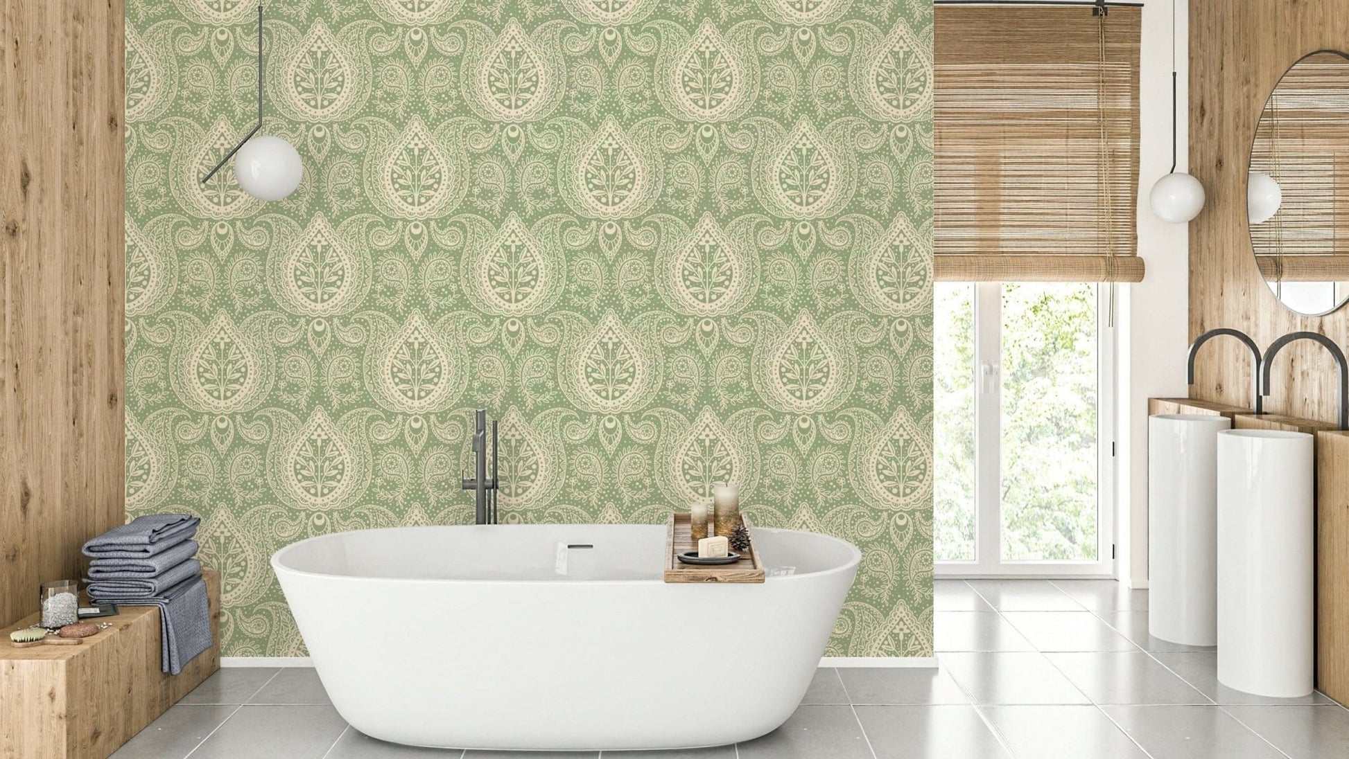 Sage green paisley floral wallpaper

