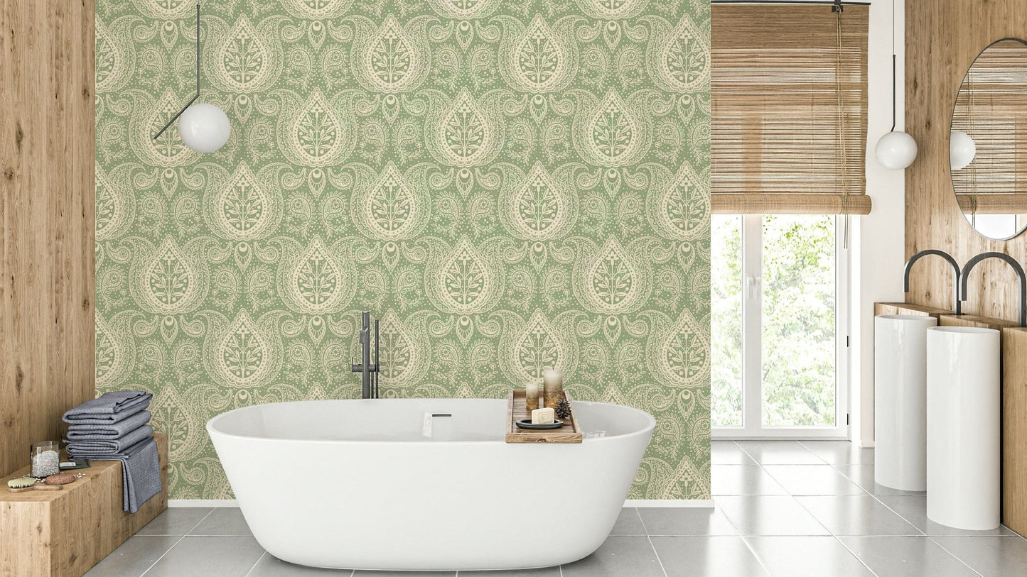 Sage green paisley floral wallpaper

